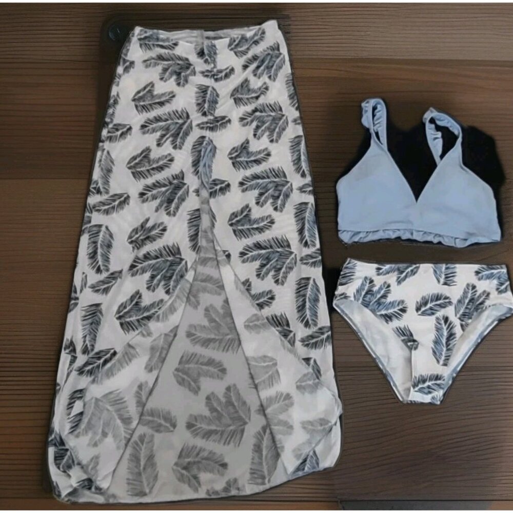 Verdusa Dusty Blue White 3 Piece Swimsuit Bikini Cover Set Girls 12Y Feathers